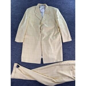 Vintage Falcone Suit 50R Yellow Polyester Gold Windowpane USA Union Set 44x27
